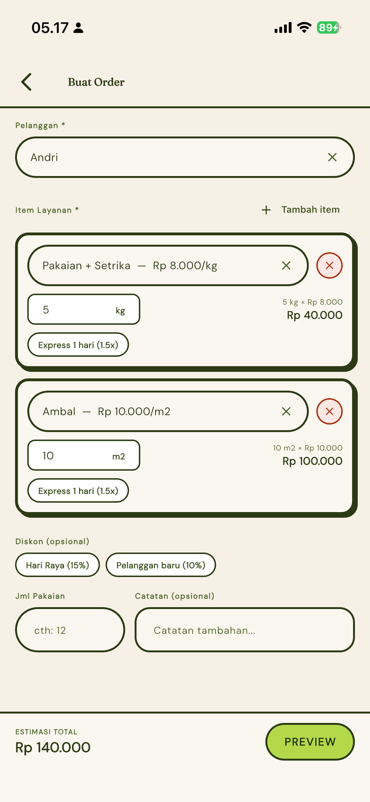 Tampilan Buat Order di aplikasi Karyawan ngelaundry